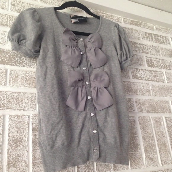 Bow Front Button Down Short Sleeve Cardigan: Gray - Picture 1 of 7